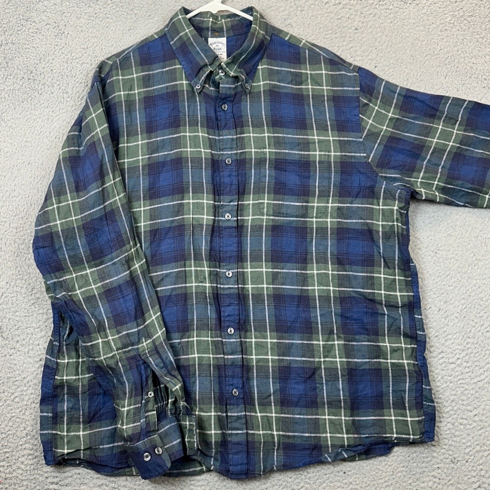 Brooks Brothers Shirt Mens XL Regular Blue Green Plaid 100% Linen Button Down